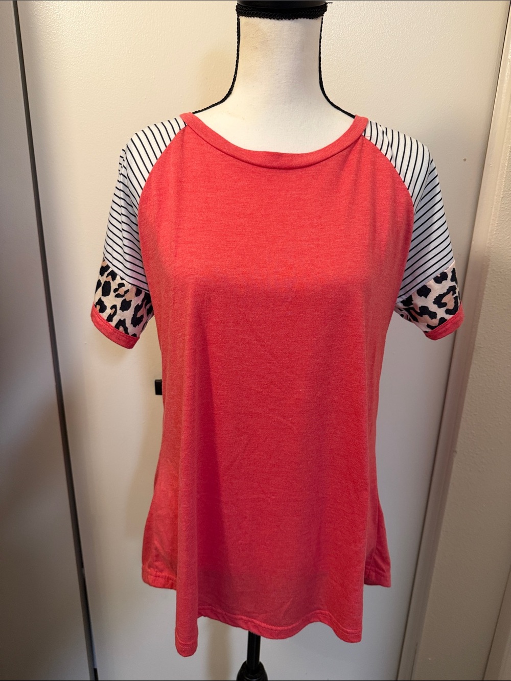 Women’s Coral Raglan Tee with Striped & Leopard Sleeve Accents